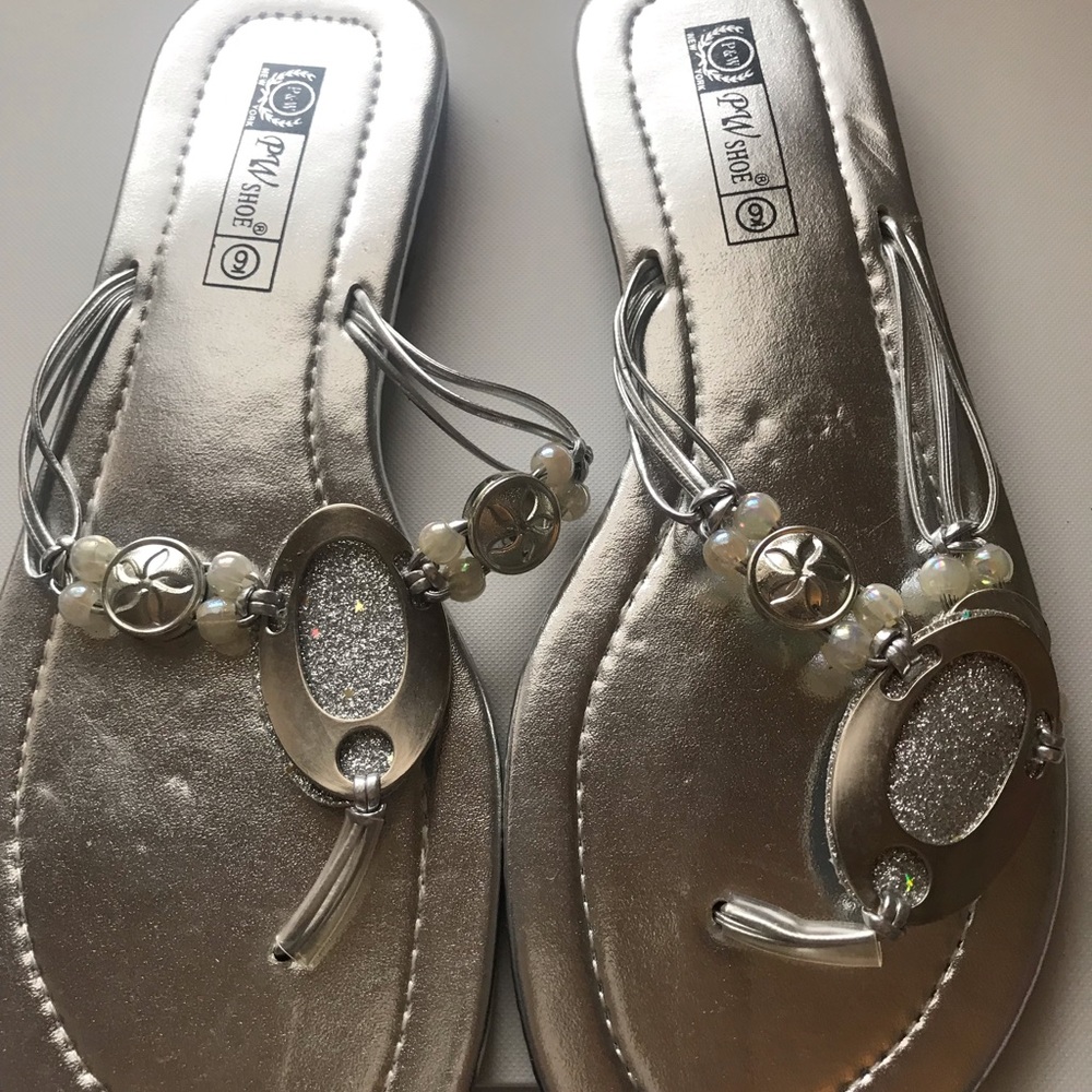 PW Shoes!  Slide on Sandals!  Silver, Size 7.  Brand New! Great for Beach wear!